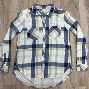 Dylan Ivory Plaid Frayed Hem Pocket Button Long Sleeve Sz S MSRP $120